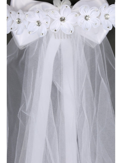 Kids Dream Girls White Gem Floral Back Bow Comb 21" Communion Flower Girl Veil - SophiasStyle.com